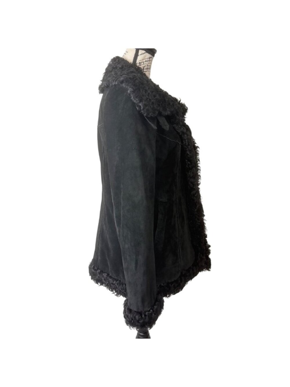 Express Womens Size M Suede Jacket Black Lambs Fur Trim - Picture 2 of 8